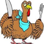 Cartoon turkey holding knife and fork.