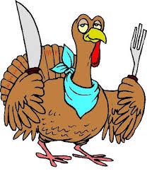 Cartoon turkey holding knife and fork.